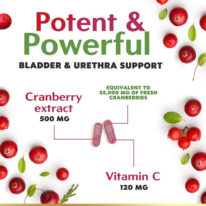 Cranberry Concentrate Extract Supplement for Women & Men + Vitamin C - 25,000mg Formula for Urinary Tract Health Support, Non-GMO and Gluten Free, Cranberry Pills Supplement - 60 Capsules