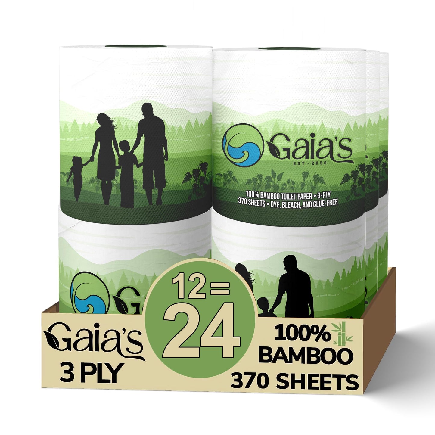 Gaias Premium and Soft Organic Bamboo Toilet Paper | 12 Mega Rolls, 3 Ply, 370 Sheets | FSC Certified, PFAS & BPA Free, Eco-Friendly, Sustainable Tissue - Plastic Free, Septic Safe, Vegan