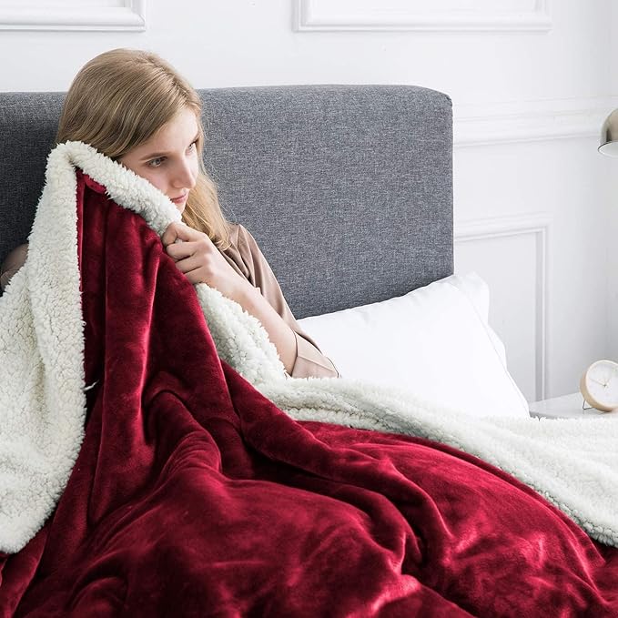 IR Imperial Rooms Burgundy Sherpa Fleece Throw Blanket Twin Size for Bed - Wholesale Bulk Pack of 12 Sherpa Blankets - Soft Fluffy Throw Blankets for Hotels, Guest Bedroom, 60x80 Inches