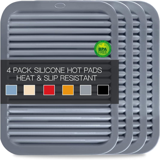 4 PCS Silicone Trivet for Hot Dishes, Hot Pads Trivets Mat for Hot Pots and Pans, Heat Resistant Silicone Hot-Mats, Pot Holders Jar Opener Tables-Mats for Countertop Drying Mat (Grey)