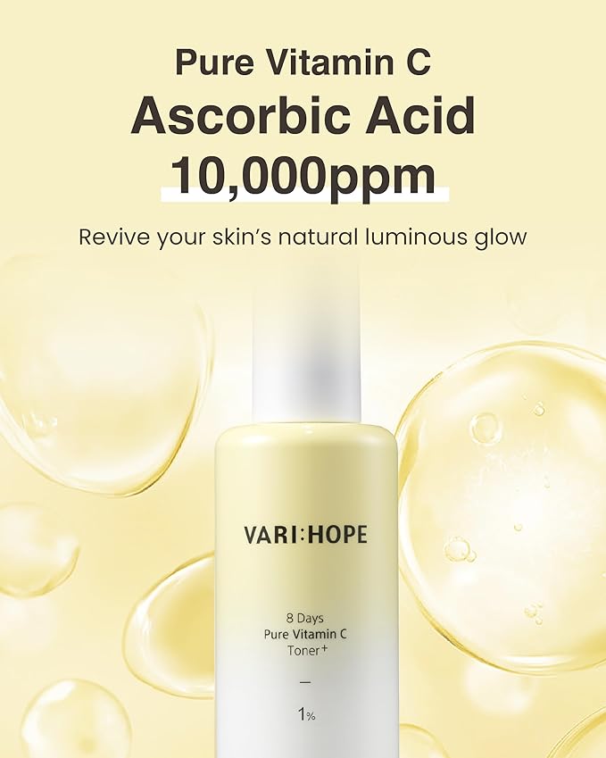 VARIHOPE 8 Days Pure Vitamin C Toner (3.5oz) - Hydrating, Mildly Acidic, Soothing Toner. Korean Skin Care. Stabilized Vitamin C, Kakadu Plum, Beta-Glucan.