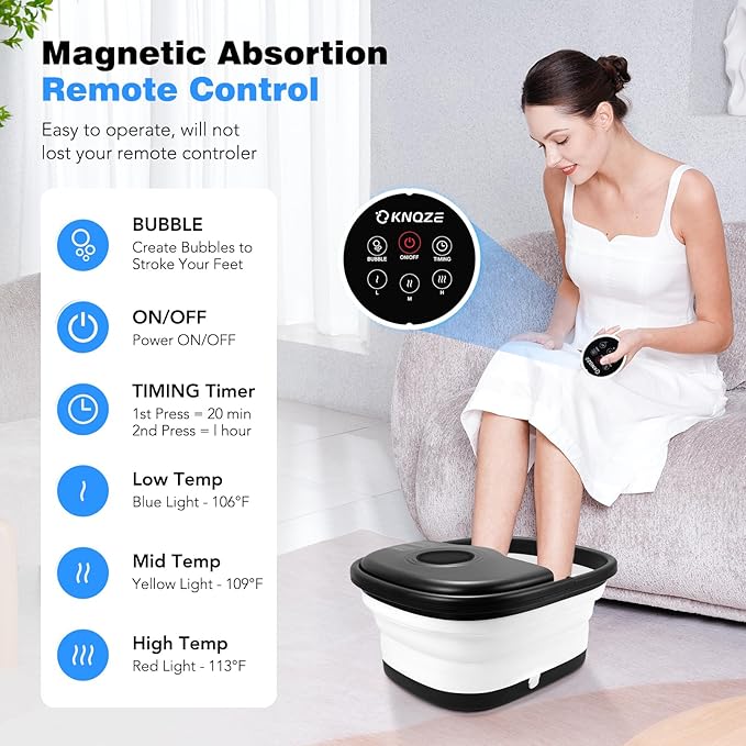 Collapsible Foot Spa Bath with Heat, Remote Control, Temperature Control, Bubbles, Pumice Stone, Red Light, Timer, 16 Massage Roller Pedicure Foot Spa Tub Foot Soaker for Soothe & Relax Tired Feet