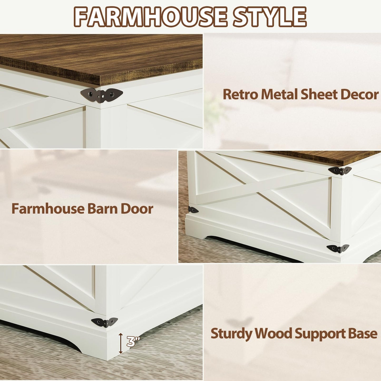 BROTTAR Lift Top Coffee Table with Storage, Square Coffee Table for Living Room with Charging Ports, Farmhouse Dining Table with Large Hidden Storage, White, 31.5"