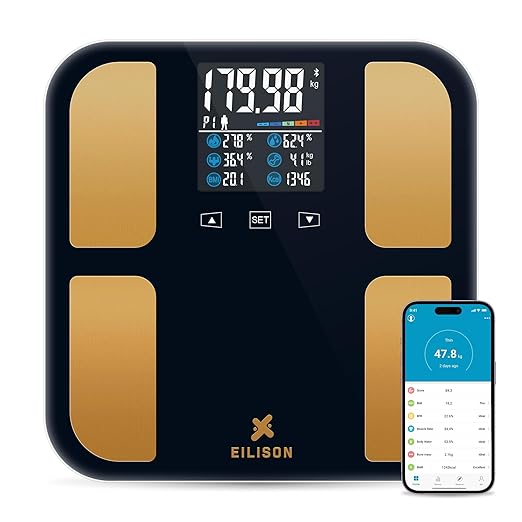 EILISON Digital Bathroom Scale with 4 Electrodes & BIA Technology High-Precision Smart Body Fat Analyzer,Large Color Night Vision Touchscreen,Bluetooth App Sync for 19 Metrics,396LBS Capacity (Black)