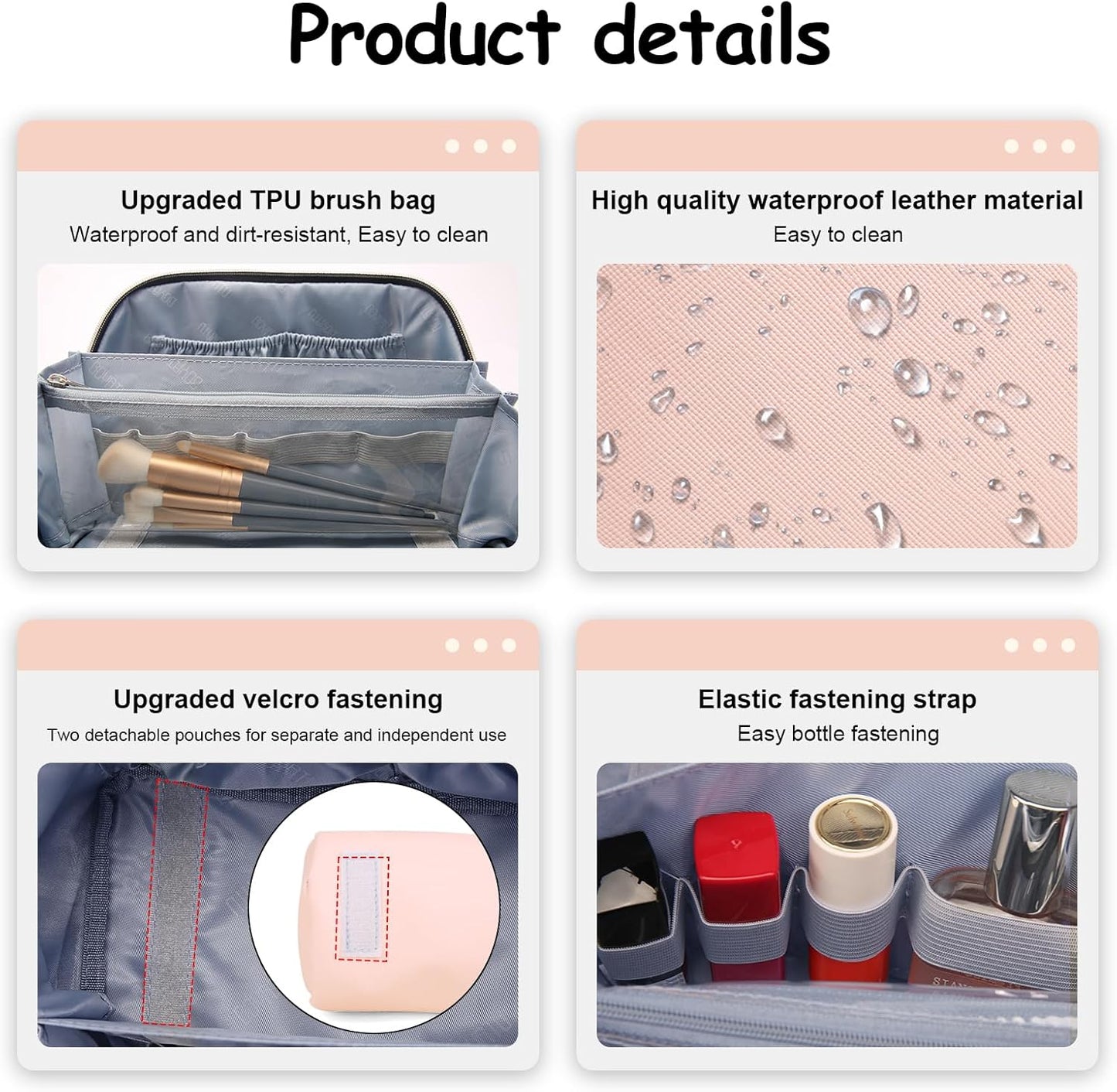 BOYATU Travel Makeup Bags for Women: Vegan Leather Cosmetic Bag Set of 3 - Large Capacity Make up Bag with Divider - Wide Open Waterproof Toiletry Organizer Bag with Handle (05-Pink)