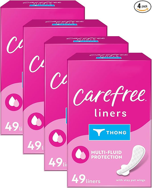 Carefree Panty Liners for Women, Thong Liners, Unwrapped, Unscented | Pantiliners, Carefree Liners, Daily Liners for Women, Light Periods and Leaks | 196ct (4 Packs of 49ct) (Packaging May Vary)