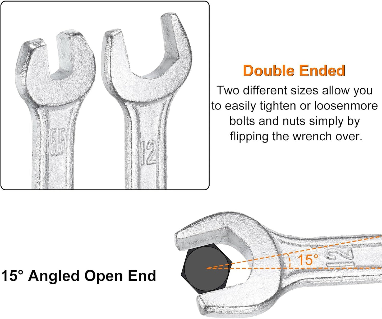 HARFINGTON 5pcs Double Open End Wrench 10mm x 14mm Metric 15 Degree Offset Angle Small Flat Head Wrench Galvanizing Open Ended Spanner for Automotive Repair Furniture Assembly