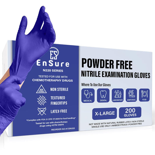 EnSure Nitrile Exam Gloves, Powder-Free, Latex-Free, Chemo Rated, Non-Sterile, Light Duty, Textured Tips, Medical, Surgical, Food Safe, Cleaning, Dental, Lab Use - 3 Mil (X-Large, 200 Count)