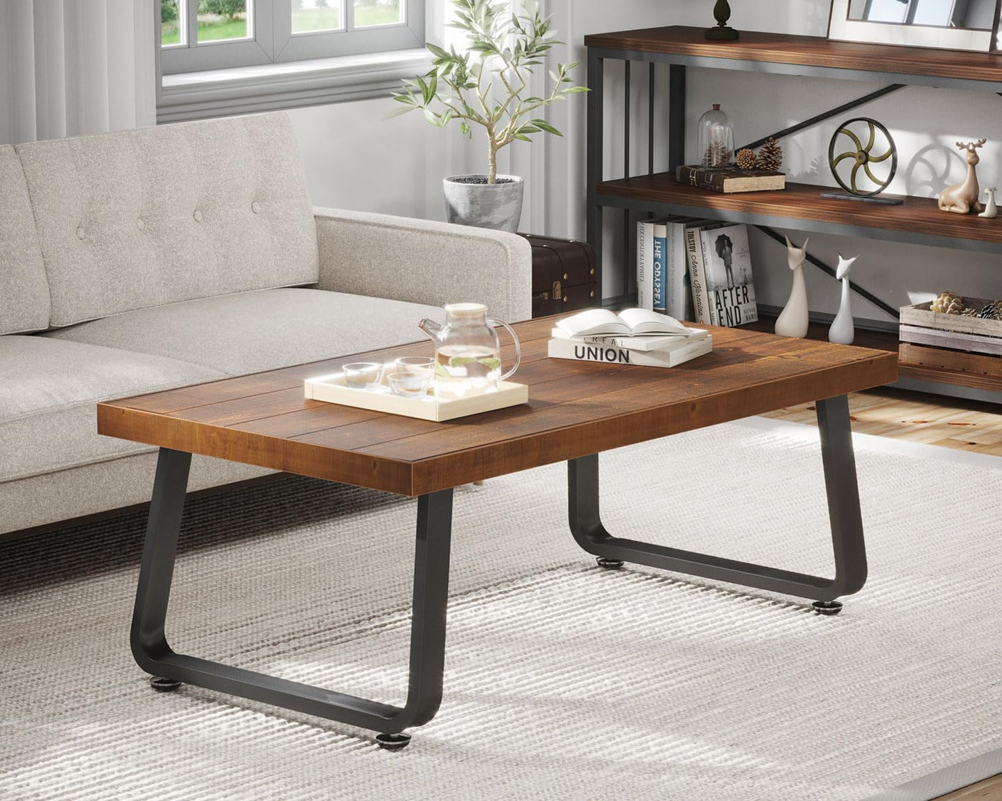 IBF Natural Wood Coffee Table, Rustic Solid Wood Center Table for Living Room, Rectangle Metal and Real Wooden Tea Table, Modern Industrial Minimalist Wooden Cocktail Tables, Rustic Brown, 47 Inch