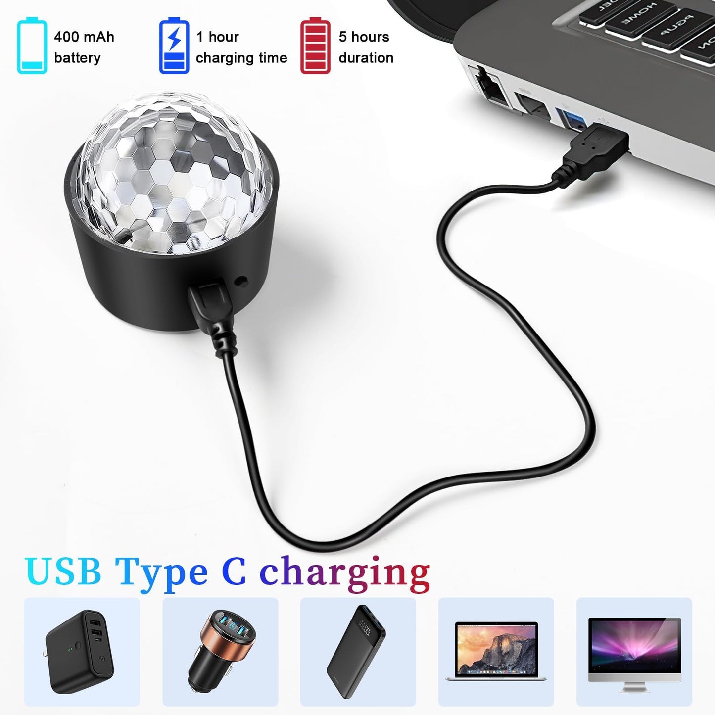 Wiwreenm Mini Disco Ball Light,Rechargeable Party Lights,Sound Activated Strobe DJ Light,Portable Battery Operated,Night Lights Projector for Kids,Disco Atmosphere Decoration for Car/Parties