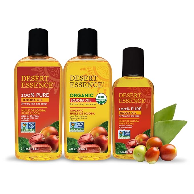 Desert Essence 100% Pure Jojoba Oil – 2 Fl Oz Moisturizer for Hair, Skin & Scalp | Makeup Remover & Aftershave Hydrator, Non-GMO, Vegan, Cold-Pressed, Anti-Flakiness & Non-Clogging Beauty Elixir