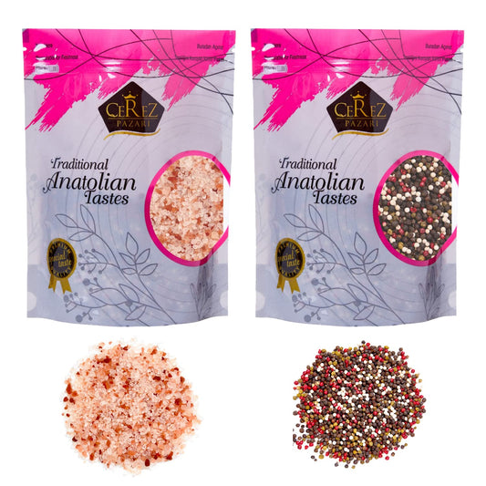 Cerez Pazari Rainbow Peppercorn Blend 12 oz and Himalayan Pink Salt (Coarse Grain) 2 lbs, Whole Black, Pink, Green, White Color Pepper For Grinders Refills