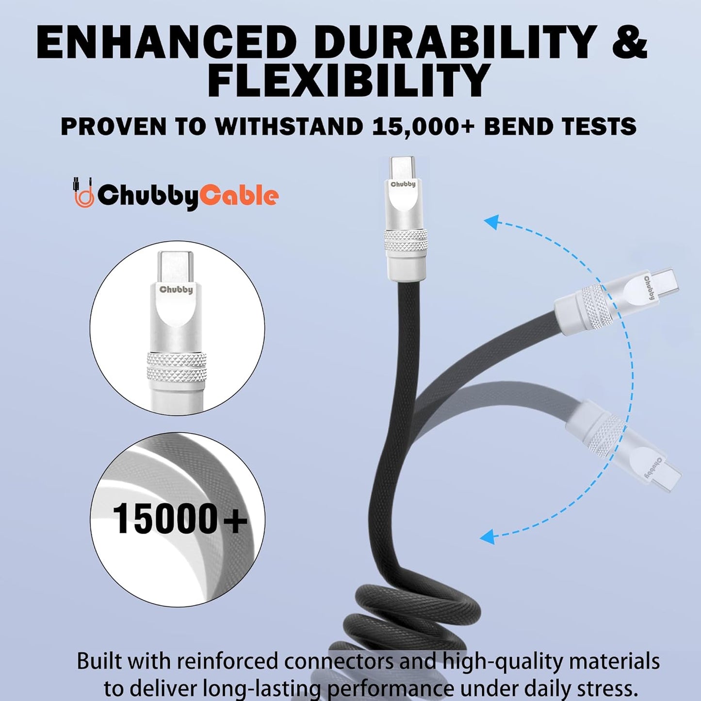 chubbycable Curly Chubby - Retractable Fast Charging Cable 240W Coiled Charger Cord for Car Durable USB-C Cable for Phones, Tablets and More, Orange, USB-A to Type-C, 1.3FT-2.3FT