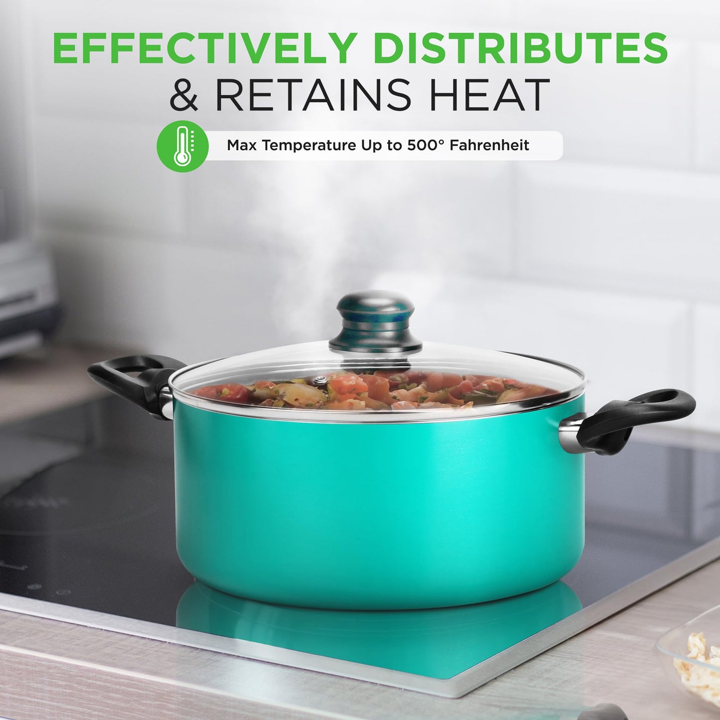 NutriChef 15-Piece Non Stick Kitchen Cookware Set PFOA/PFOS-Free, Colorful Heat Resistant Lacquer w/Saucepot, Frying Pans, Oven Pot, Lids, 5 Utensil - NCCWCOR15