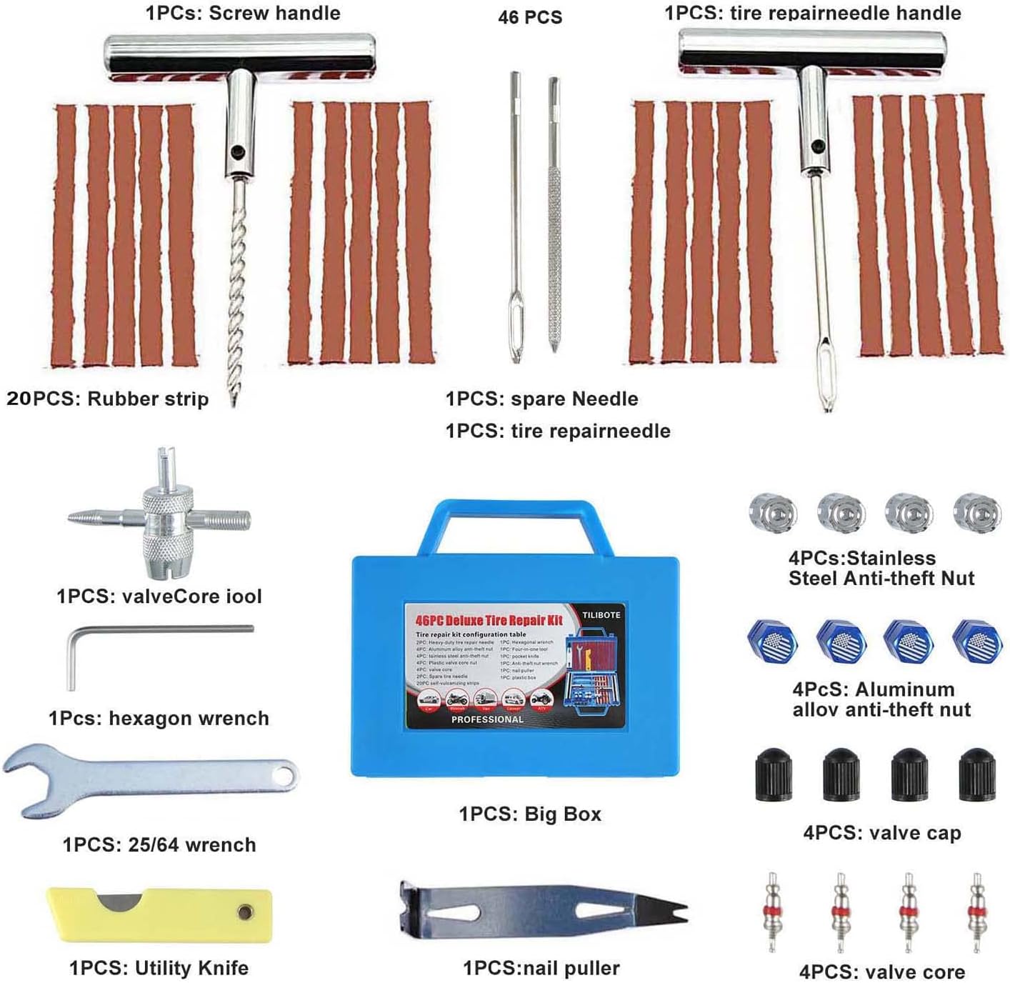 Tire Repair Kit,46pcs Heavy Duty Tire Plug Kit, with Universal Tire Patch Kit to Plug Flats for Car/Motorcycle/Truck/Tractor/Trailer/RV/ATV