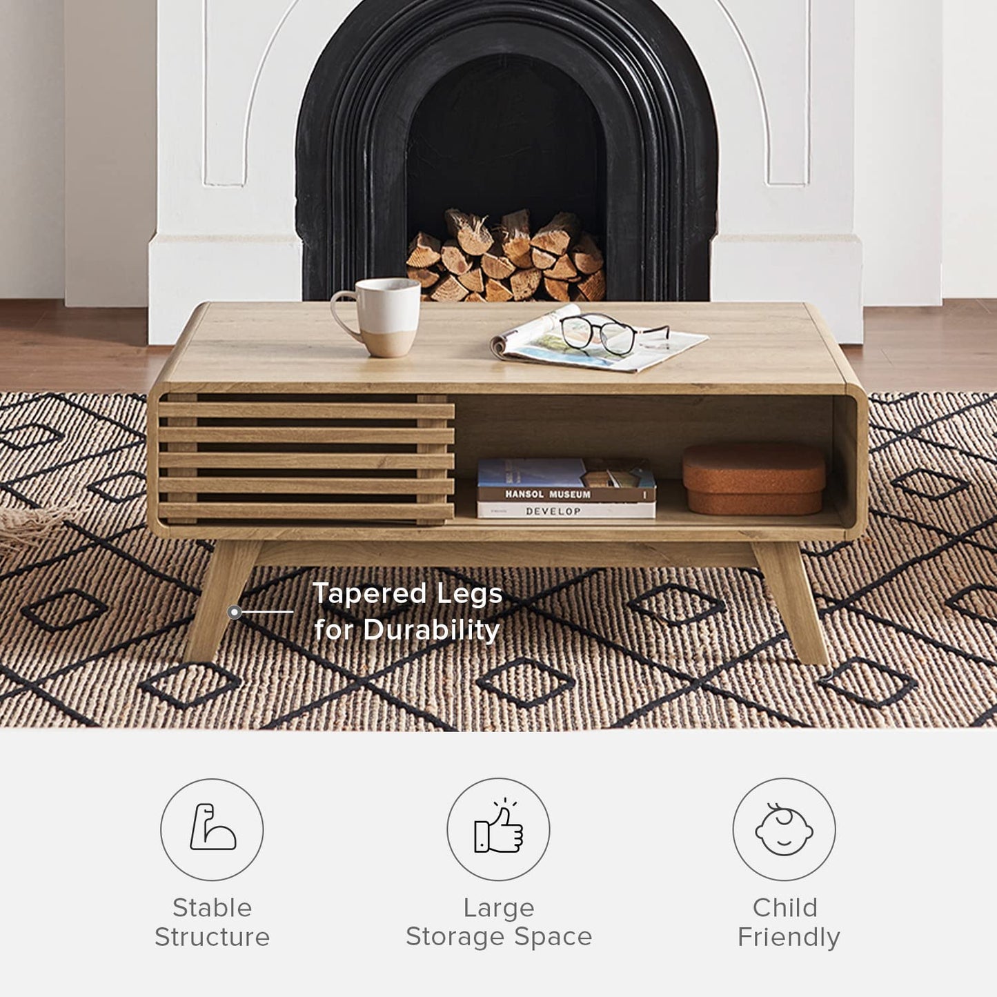 mopio Ensley Coffee Table with Storage, Mid Century Modern, Farmhouse Wood Coffee Table for Living Room Fluted (Oak)