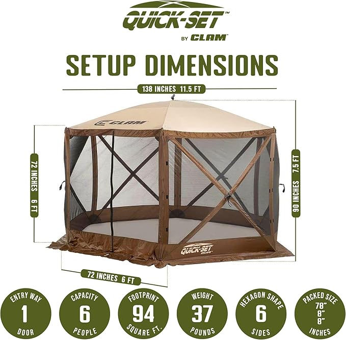 CLAM Pop Up Screen Tent, Outdoor Camping Gazebo Canopy, Escape, 11.5', Brown - Heavy-Duty Portable Screened Shelter with Netting for Beach, Patio, and Backyard