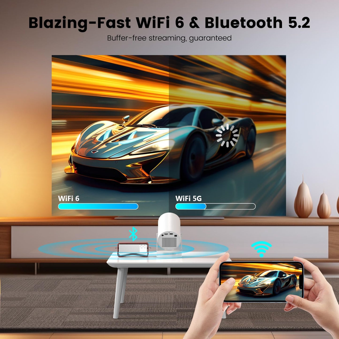 【Electric Focus】Mini Portable Projector with 4K Support, Bluetooth 5.4 WIFI6, 5watt Sound Base Speaker, 260 ANSI, Android 11, 210° Rotation , Auto Keystone Correction Video Projector HY300 Ultra