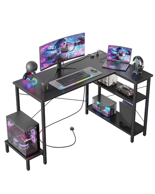CubiCubi Small Computer Desk with Power Outlets, 40 Inch L Shaped Desk with CPU Stand & Reversible Shelves, Gaming Corner Desk Study Writing Table for Home Office Bedroom, Black