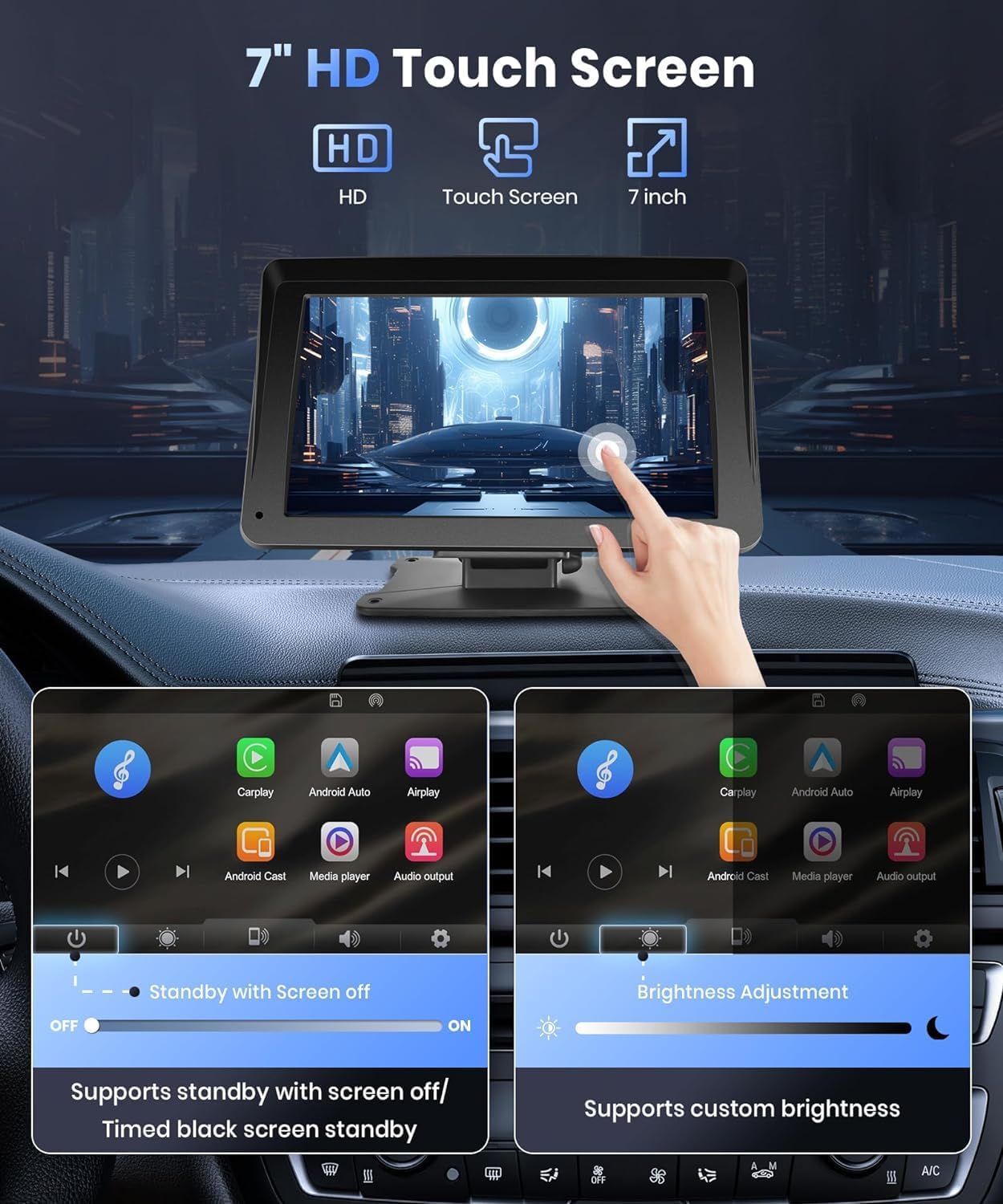 Podofo Portable Car Stereo Wireless Carplay Android Auto,7 Inch Touch Screen Car Radio with Bluetooth Hands-Free/Mirror Link/Maps Navigation/Voice Control/TF Card/AUX,for Cars, Trucks, SUVs