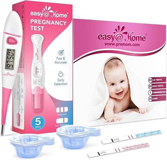 Easy@Home Pregnancy Test Sticks: Early Detection & Reliable + Easy@Home Ovulation Test Kit: 50 Ovulation Strips & 20 Early Pregnancy Tests & One Basal Body Thermometer & 70 Urine Cups