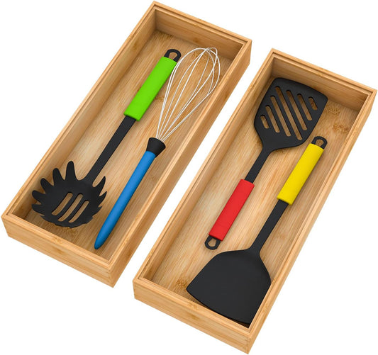 Drawer Organizer Storage Box Kitchen - Wood Stackable Tray Utensil Organizer for Office Drawers,Cabinets,Shelves,Pantry,or Bathroom Counter,Drawer Dividers for Silverware Set of 2（15x6x2.5inch）