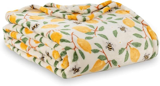 Berkshire Blanket-Classic Heavyweight Soft Printed VelvetLoft® Plush Warm Blanket, Twin Size Soft Fuzzy Blanket for Couch Sofa Bed, Lemons and Bees Yellow, 60in x 90in
