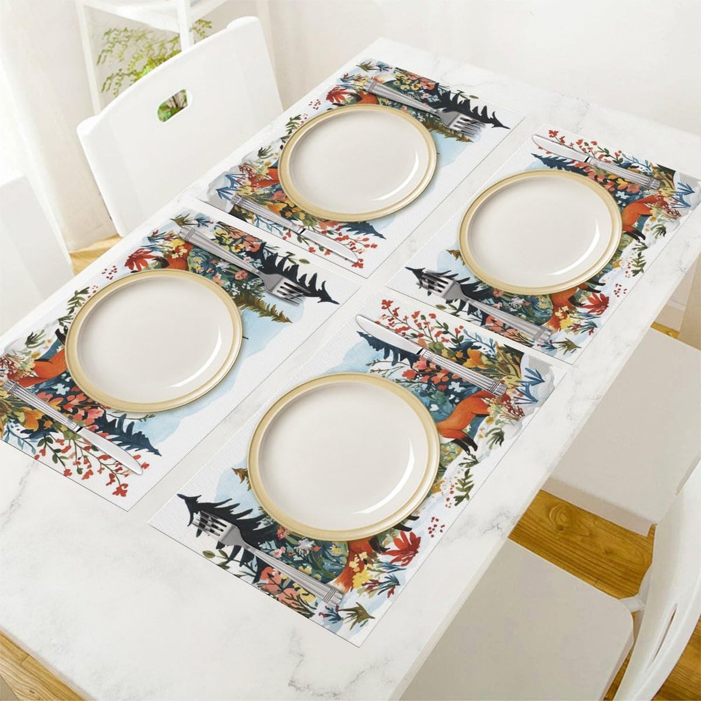 Fox Animal Placemats Set of 4 Winter Forest Landscape Fox Place Mat Machine Washable Place Mats for Dinner Table Mats 4 PCS