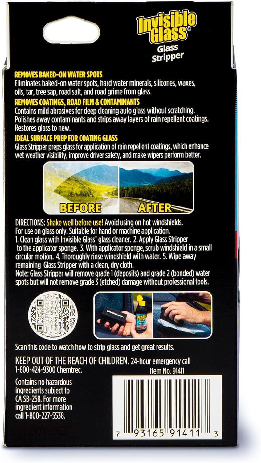 Invisible Glass 91411-6PK Glass Stripper – Hard Water Spot Remover – Strips Coatings, Waxes, Oils & Road Film – Preps Windshields for Rain Repellent & Ceramic Coating – 4 Fl Oz (Pack of 6)