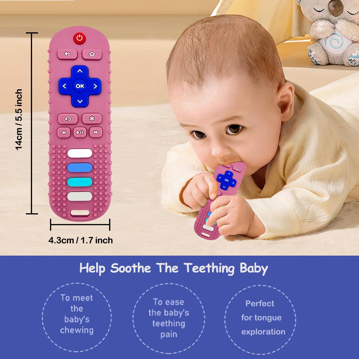 ROBBEAR Baby Teething Toys, Food Grade Silicone Teether for Babies 3 6 12 18 Months, TV Remote Shape Toddlers Chew Toys, Freezer BPA Free (Pink RC)