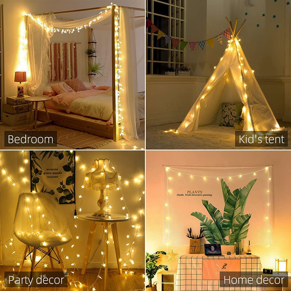 Star String Lights Plug in - 33 ft 100 LED Star Fairy String Lights with Remote and Timer, Waterproof for Bedroom Porch Wedding Party Patio Garden Tent Indoor Outdoor Décor, Warm White