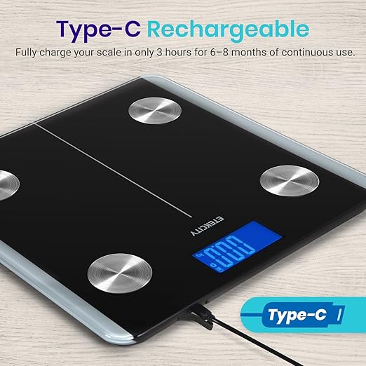 Etekcity Smart Rechargeable Body Fat Scale, Digital Bathroom Scale for Body Weight and Muscle, Accurate Weighing Machine for People Sync with Smartphone App, 400lb, Black