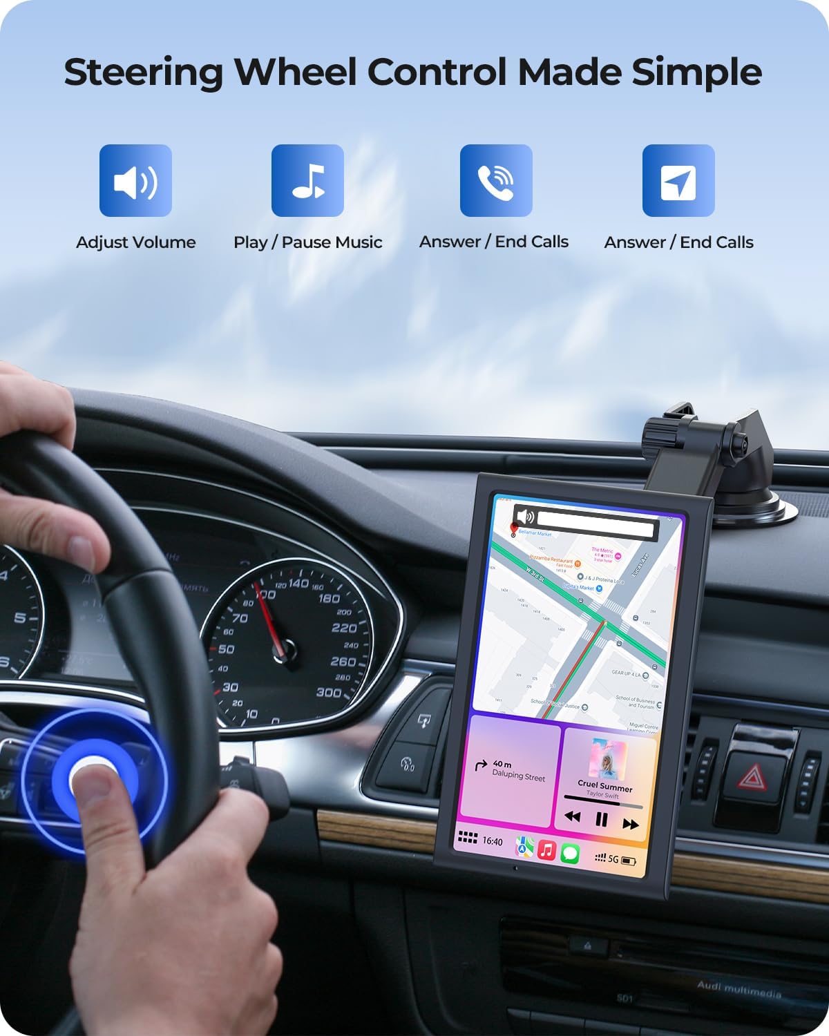 7" Wireless Portable 60FPS Car Play Screen for Apple CarPlay & Android Auto, Portrait and Landscape Modes, Mirror Link, Bluetooth, Voice Control, GPS Navigation