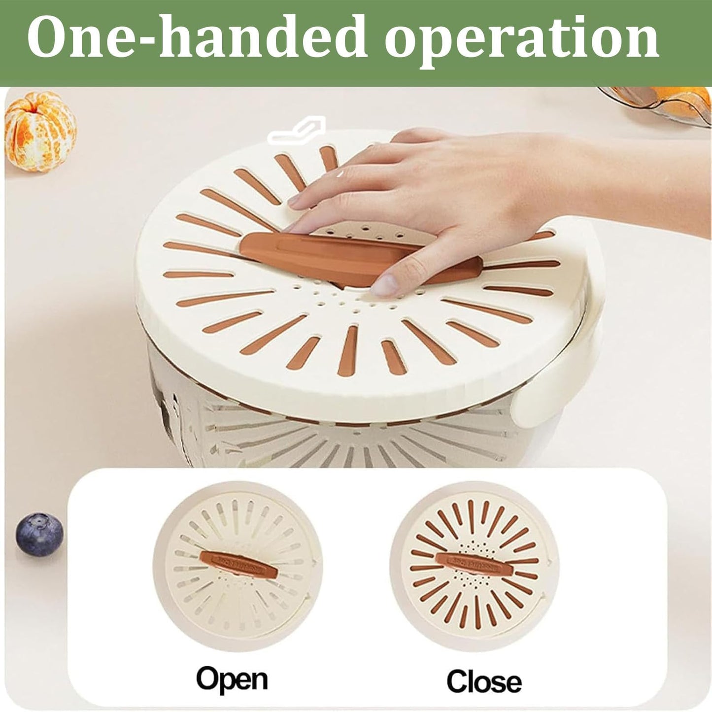 Large MultiPurpose Fruit Strainer Drain Basket with Lid & Collapsible Handle,2 in 1 Draining and Preservation Basket, Fruit Washing Bowl with Strainer for Fridge Freshness and Outdoor Picnics(Brown)