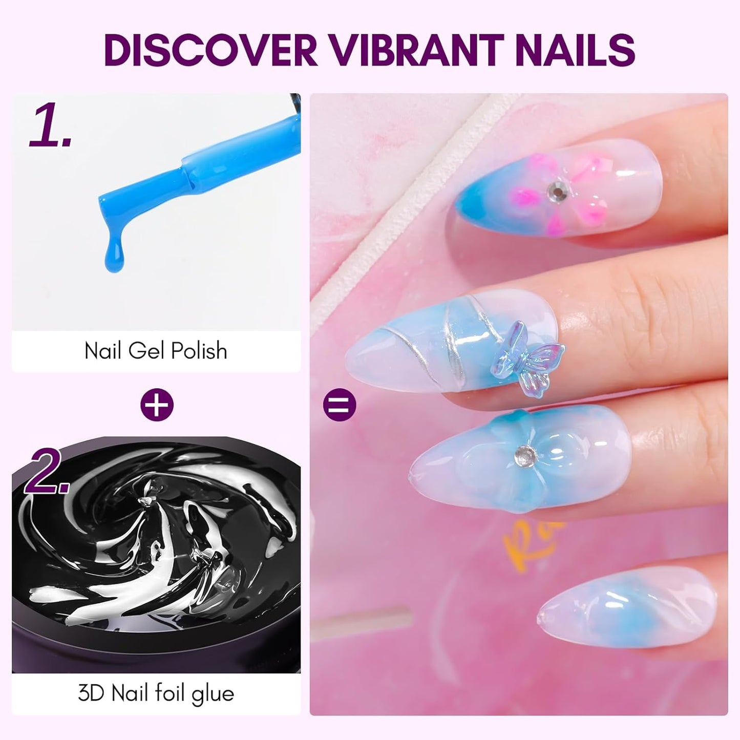 Makartt Nail Foil Glue: 3D Gel Nail Art, 2Pcs 8ml Nails Transfer Gel Adhesive for Linear, Shell, Ripple Designs, UV LED Lamp Required