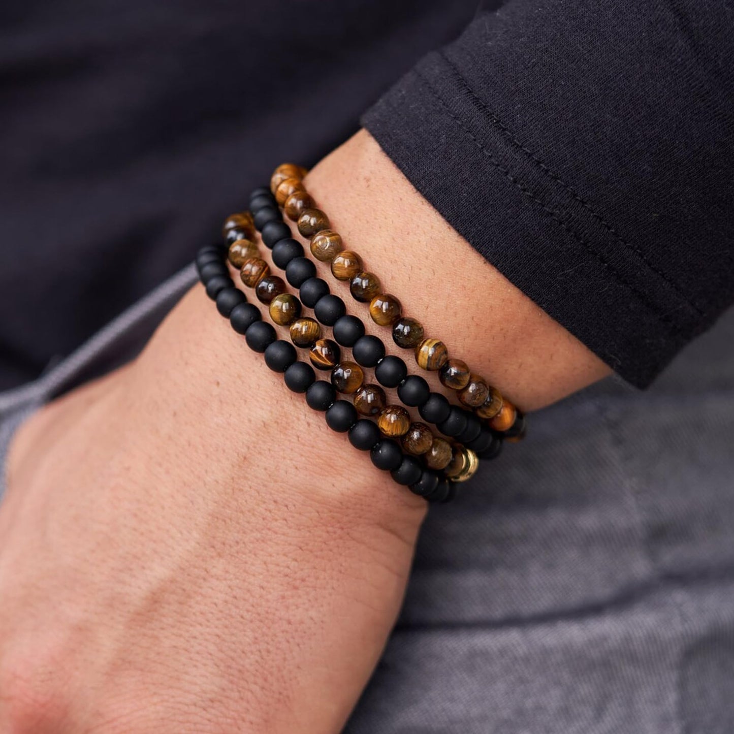 Jewdreamer 10PCS Tiger Eye Bracelet For Men 8MM Natural Stone Beads Bracelet Set Stretch Lava Rock Bracelets Adjustable Black Crystal Beaded Bracelet for Men Women Gifts