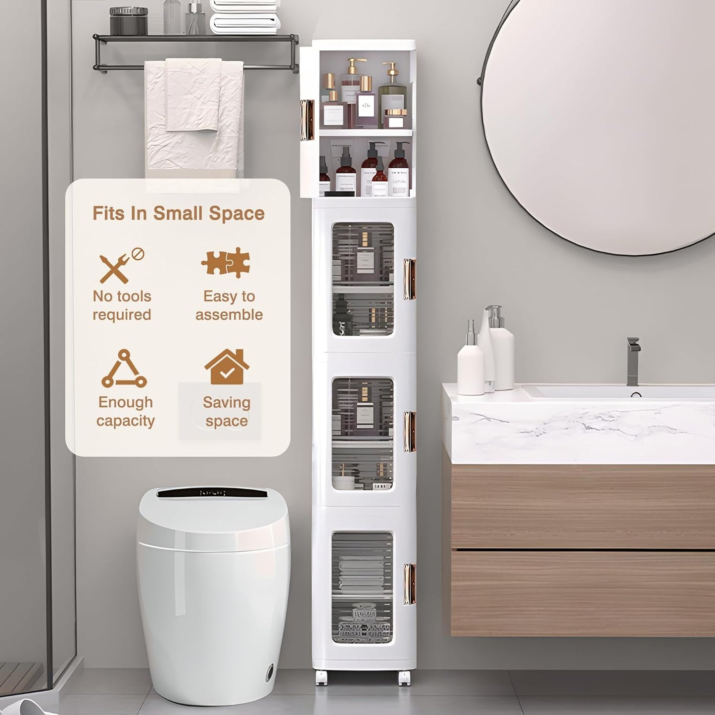 VECELO 4-Tier Plastic Tall Narrow Storage Cabinet with Movable Wheels, Adjustable Shelves, Magnetic Doors, Slim Bathroom Organizers and Storage for Small Space, Bathroom, Kitchen, Laundry, White