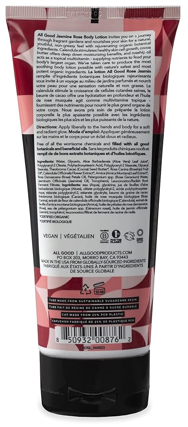 All Good Hand & Body Lotion - Moisturizing Organic Lotion for Dry Skin - Jasmine Oil, Cocoa Butter, Rosehip Oil, Arnica, Vitamin E - Non-Greasy Body Butter, 6 fl oz (2-pack, Jasmine Rose)