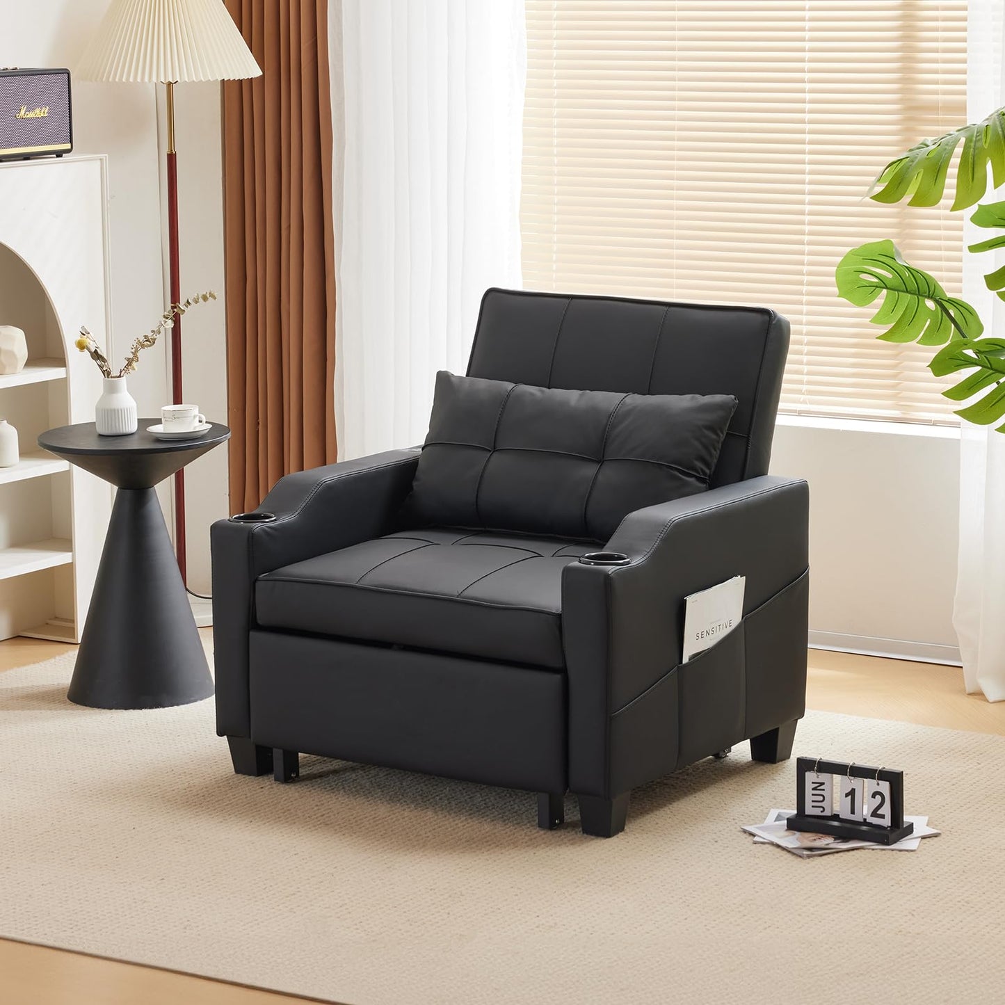 VINGLI Sleeper Chair 3-in-1 Convertible Sofa Bed Adjustable Recliner Sofa Modern Pull Out Couch Bed with 2 USB Ports 2 Cup Holders 2 Side Pockets for Living Room Bedroom Small Spaces, Black