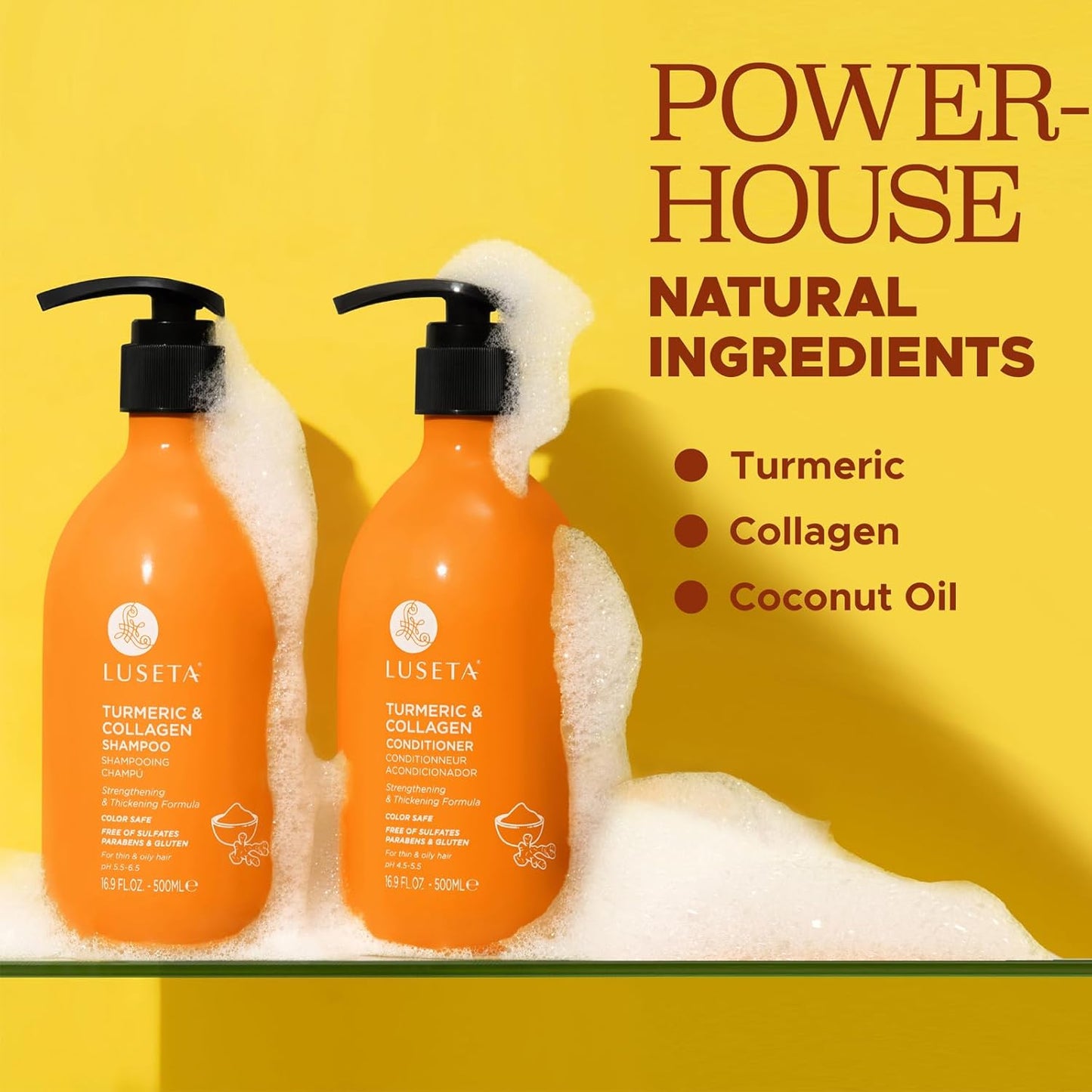 Luseta Shampoo and Conditioner Set for Hair with Turmeric & Collagen, Hair Thickening Volumizing Shampoo for Thin or Oil Hair, Sulfate and Parabens Free 2x16.9Oz
