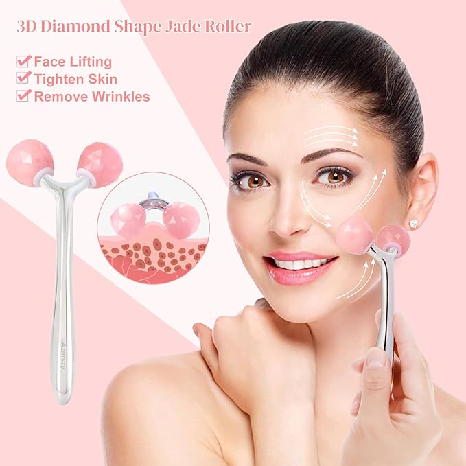 Face Roller for Wrinkles and Lifting, 3D Pure Jade Roller Diamond-Shaped for Women Men Skin Care Guasha Scraping Facial Massager Tool for Jawline V- Shape & Puffy Eyes & Lymphatic Drainage