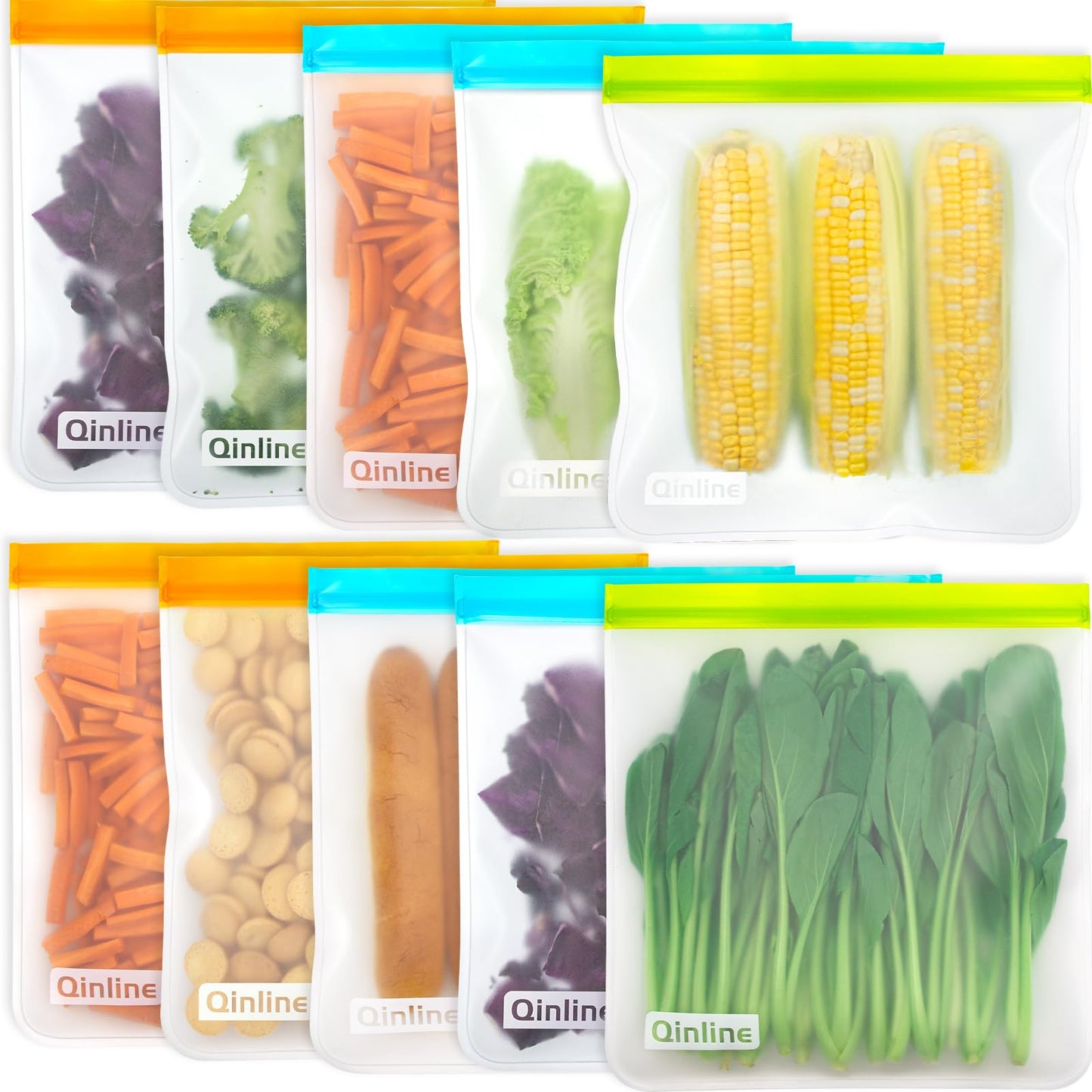 Reusable Food Storage Bags - 10 Pack Freezer Bags, Reusable Bags Silicone, EXTRA THICK Leakproof Reusable Lunch Bag for Salad Fruit Travel - 2 Gallon 4 Sandwich 4 Snack Bags