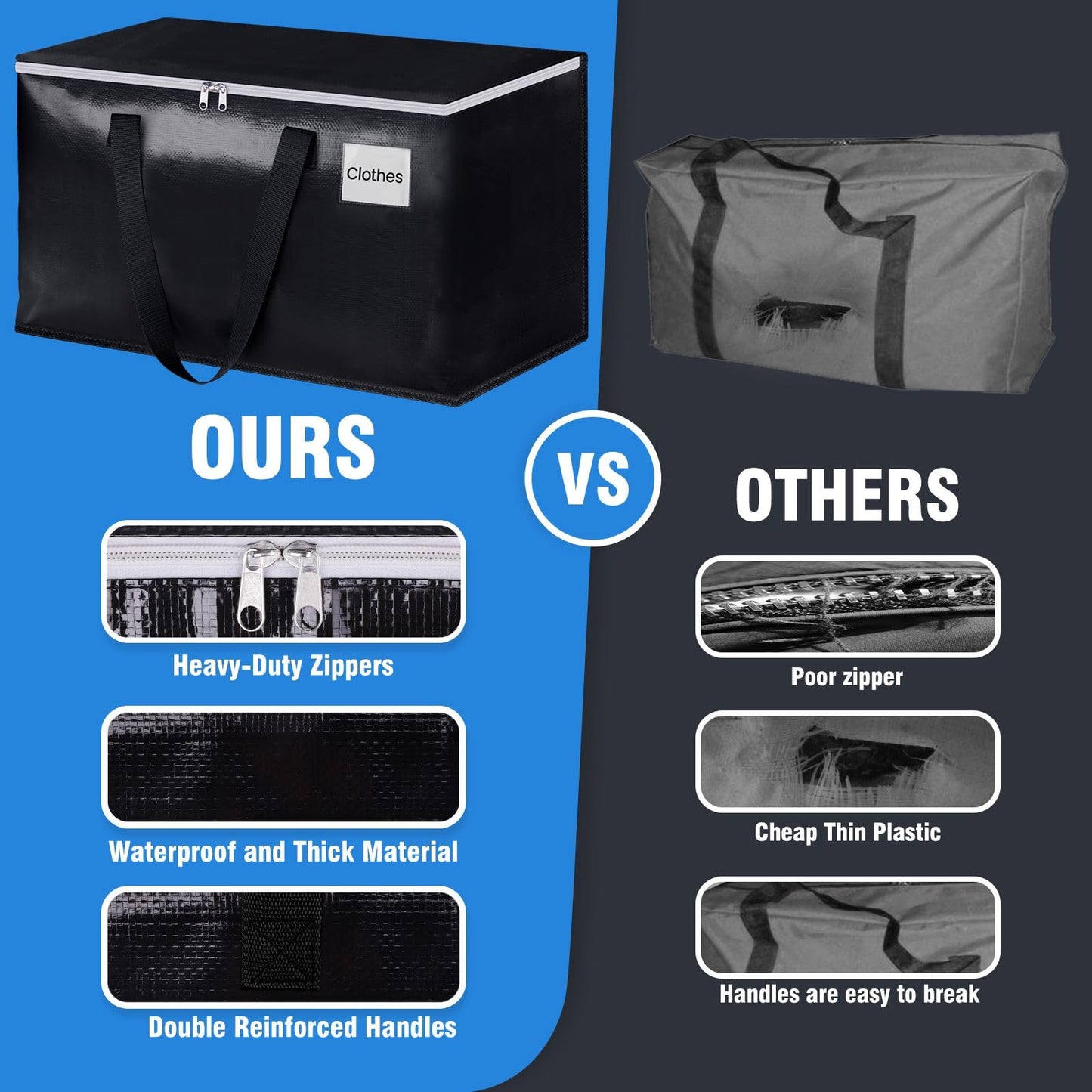 BlissTotes Moving Bags, Heavy Duty Moving Boxes with Zippers Top and Sturdy Handles, Storage Bags for Space Saving and Packing, Collapsible Moving Supplies, Storage Totes (76L, 2-Pack, Black)