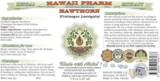 Hawthorn Alcohol-Free Liquid Extract, Hawthorn (Crataegus Laevigata) Dried Leaf and Flower Glycerite Hawaii Pharm Natural Herbal Supplement 4 oz