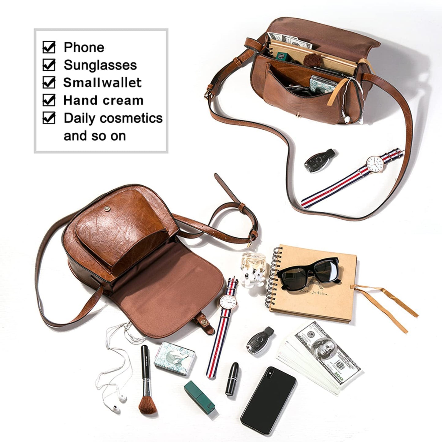 AFKOMST Crossbody Bags for Women,Small Saddle Purse and Boho Cross Body Handbags,Vegan Leather, Brown