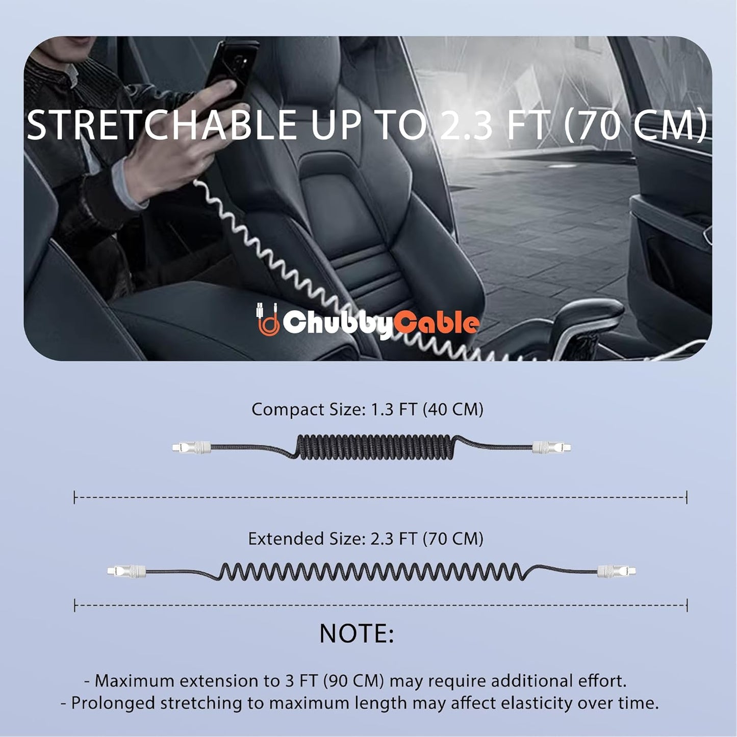 chubbycable Curly Chubby - Retractable Fast Charging Cable 240W Coiled Charger Cord for Car Durable USB-C Cable for Phones, Tablets and More, Black+Black, Type-C to Type-C, 1.3FT-2.3FT