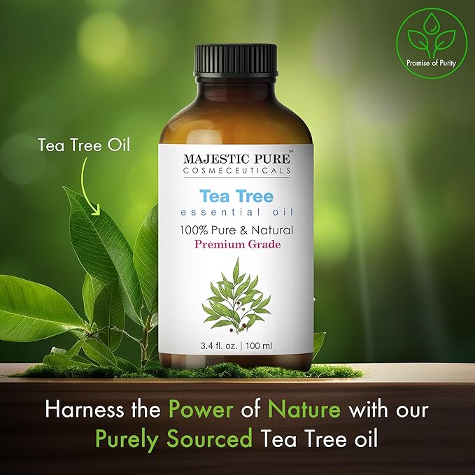 MAJESTIC PURE Tea Tree Essential Oil with Glass Dropper | 100% Pure and Natural Tea Tree Oil | Premium Grade Essential Oils for Diffusers, Skin, Aromatherapy, Massage | 3.4 Fl Oz (Pack of 2)