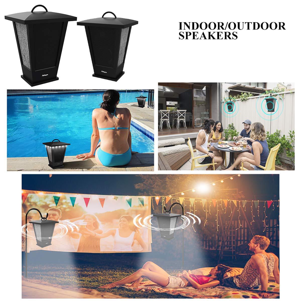 pohopa Bluetooth Speakers Waterproof, 2 Packs True Wireless Stereo Sound 20W Dual Pairing Lantern Outdoor Speakers with 20 Piece Sound Responsive LED Color Lights, Richer Bass, Black