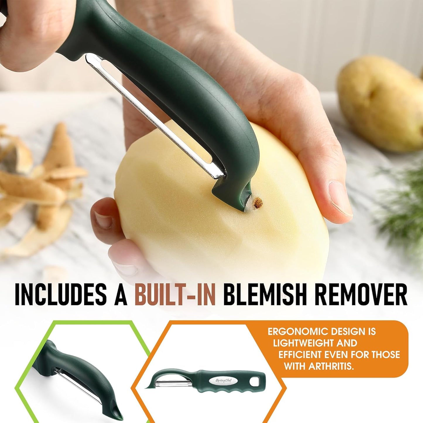 Spring Chef Premium Swivel Vegetable Peelers for Kitchen, Stainless Steel Apple Peelers with Soft Grip Handle and Sharp Blades, Perfect for Potato, Carrot, Mango, Cucumber - Set of 2 - Pine Green