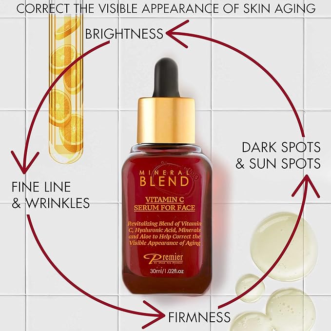 Vitamin C Serum for Face with Hyaluronic Acid & Rose Hips oil - Natural & Organic Anti Aging facial serum, Mineral Blend by Premier Dead Sea 1.02 Fl Oz